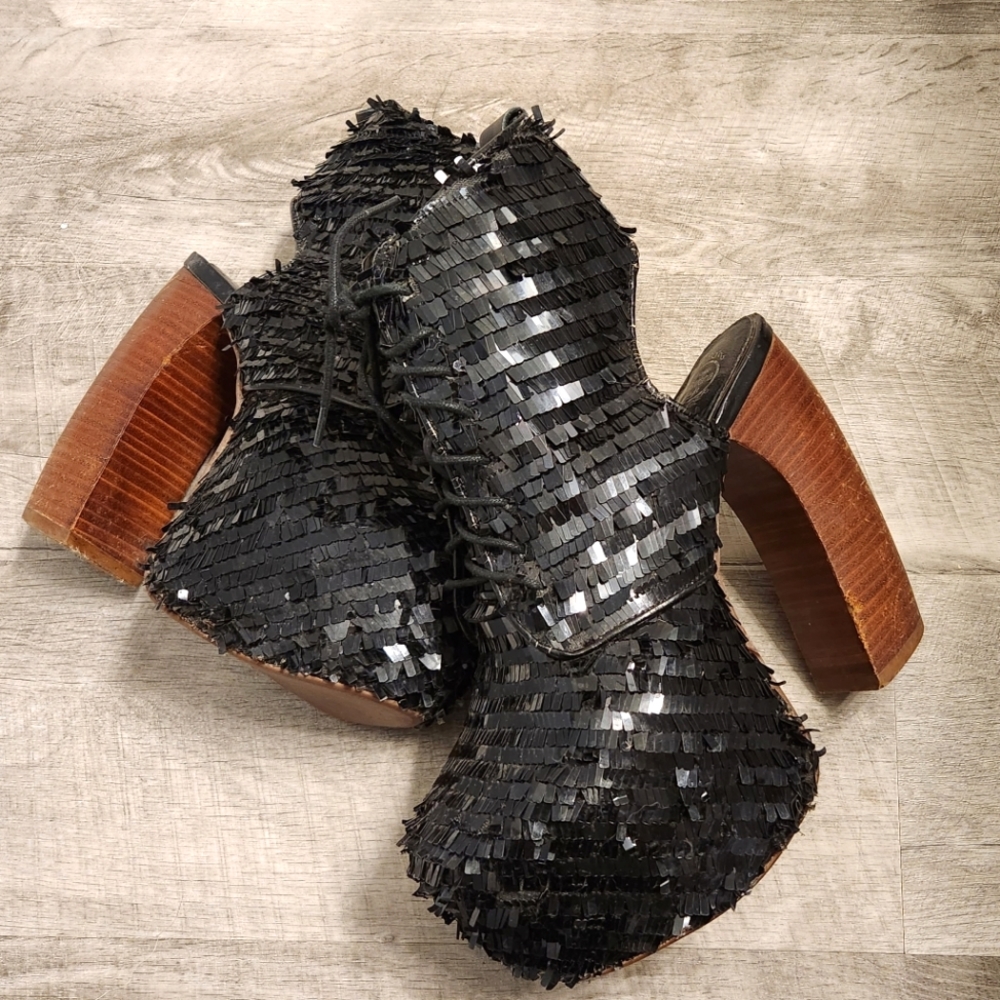 Jeffrey Campbell Lana sequin cutout curved block heel laceup booties 6.5